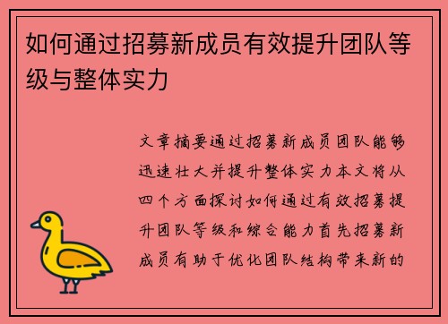 如何通过招募新成员有效提升团队等级与整体实力